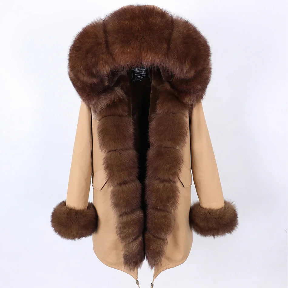 MAOMAOKONG 2024 Winter Women Coat Natural Fox Fur Collar Cuff Black Jackets Outwear Thick Luxury Real Fur Parka Women's Fur Coat
