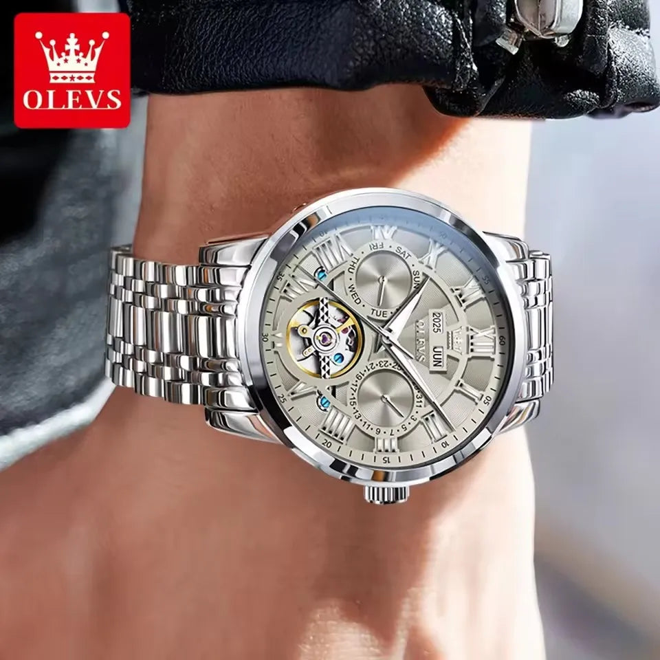 Stainless Steel Watch Moon Phase Luminous Tourbillon Automatic — Cobalt Blue | KIMLUD