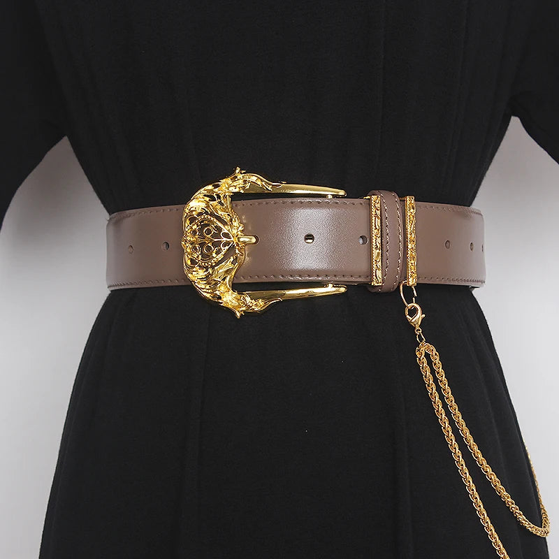 Women's Runway Fashion Gold Buckle Genuine Leather Cummerbunds Female Dress Corsets Waistband Belts Decoration Wide Belt TB1757