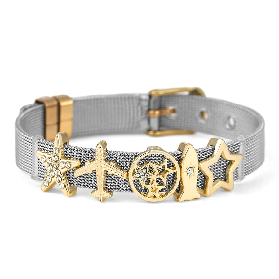 DINGLLY Two-tone Stainless Steel Mesh Bracelets For Women Men Love Heart Beaded 10mm Ribbon Mesh Bracelet & Bangle Gifts