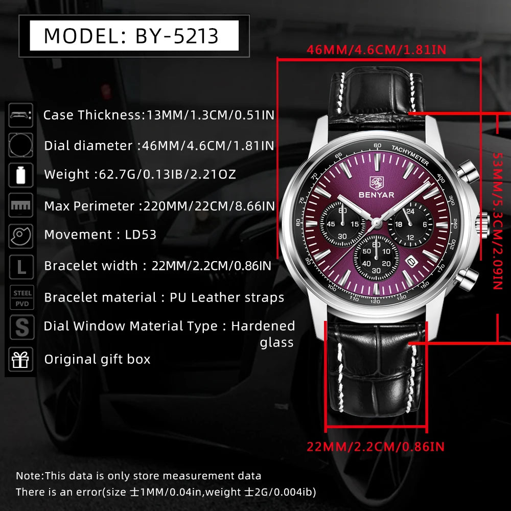 BENYAR 5213 New Men's Watches Top Brand Luxury Quartz Watch for Man Chronograph Wristwatches Clock Waterproof Leather Luminous
