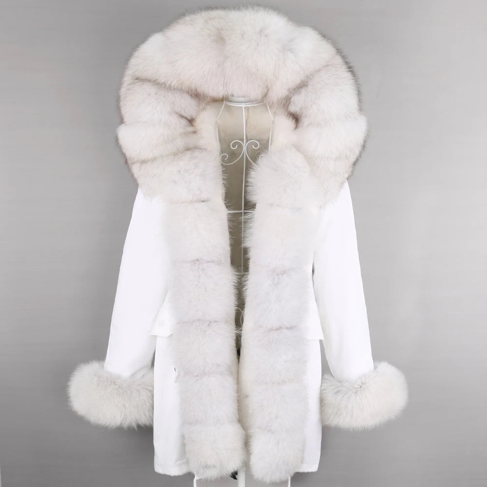 2024 Winter Jacket Women Natural Raccoon Fur Collar  Real Fur Coat Color matching Hood Cuffs Thick Warm Outerwear New Long Parka