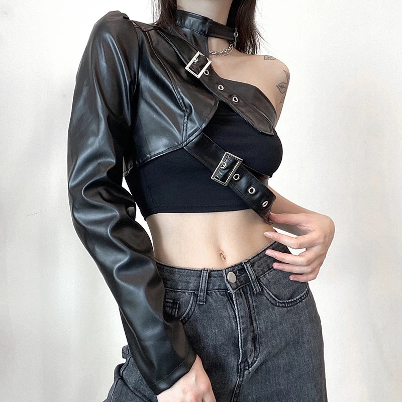 Women Fashion Punk Style Crop Tops Cool Single Long Sleeve Neck Hanger Leather Belt Connected Tops Streetwear Jackets