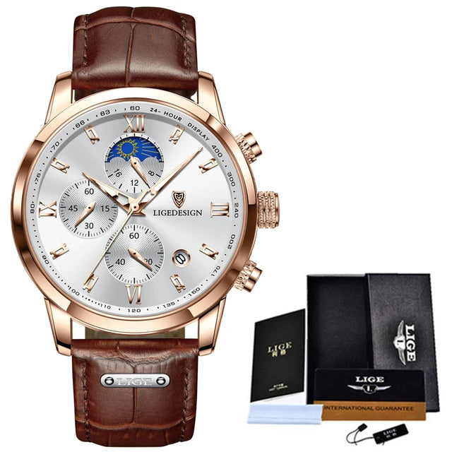 LIGE Men Watch Luxury Leather Waterproof Sport Quartz Wristwatch Chronograph Military Watch for Men Relogio Masculino Men‘s Gift