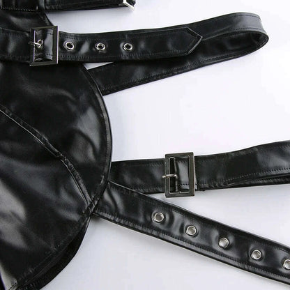 KIMLUD, Women Fashion Punk Style Crop Tops Cool Single Long Sleeve Neck Hanger Leather Belt Connected Tops Streetwear Jackets, KIMLUD Womens Clothes