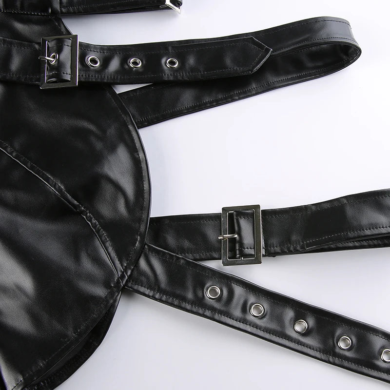 Women Fashion Punk Style Crop Tops Cool Single Long Sleeve Neck Hanger Leather Belt Connected Tops Streetwear Jackets