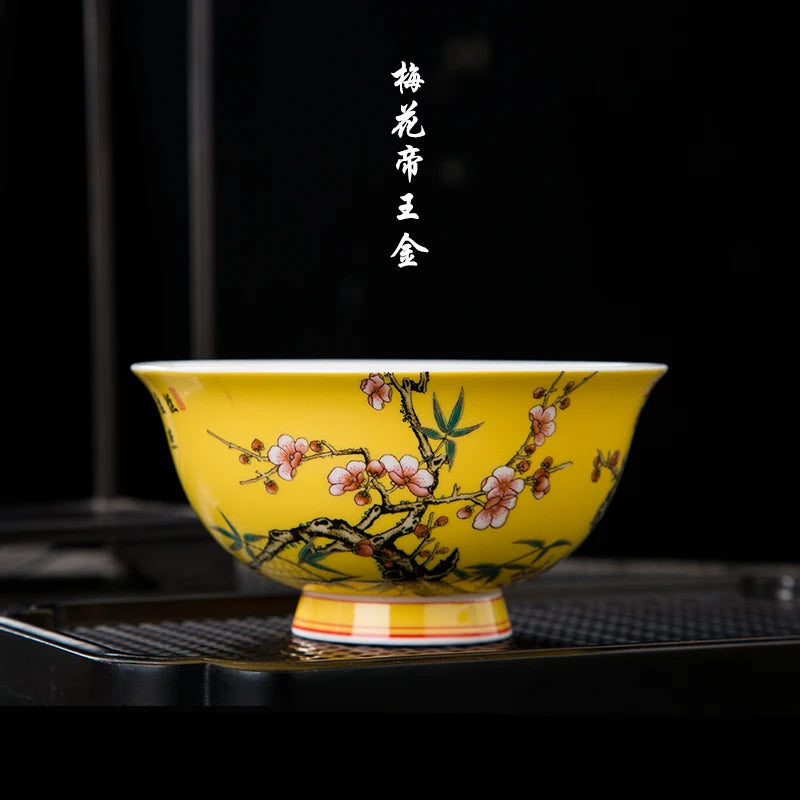 Jingdezhen Fine Bone China Bowl Enamelled With Retro Flower Bird Pattern — Yellow | KIMLUD