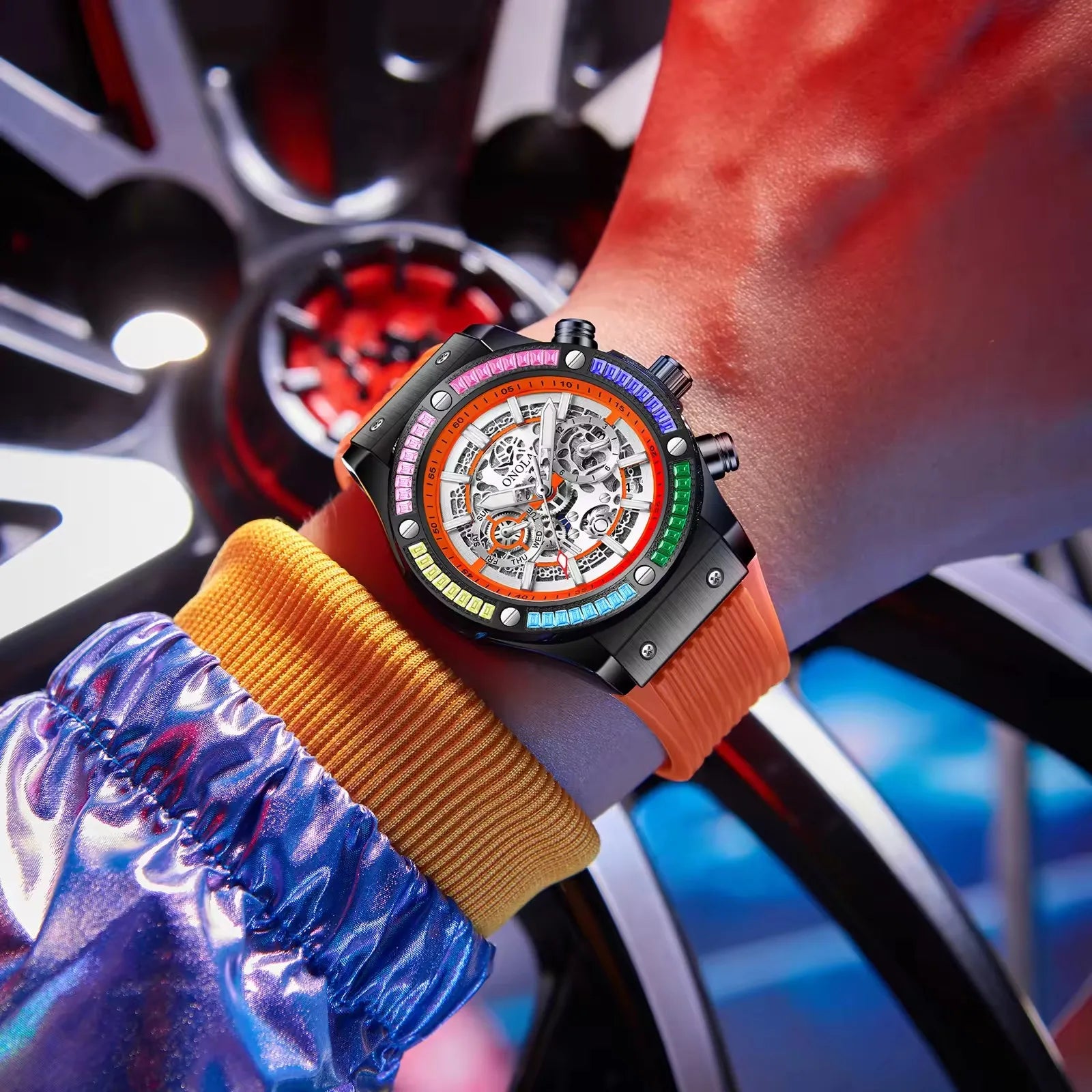 Silicone Luminous Sport Watch Mechanical Movement Chronograph Day Date — Bright Orange | KIMLUD