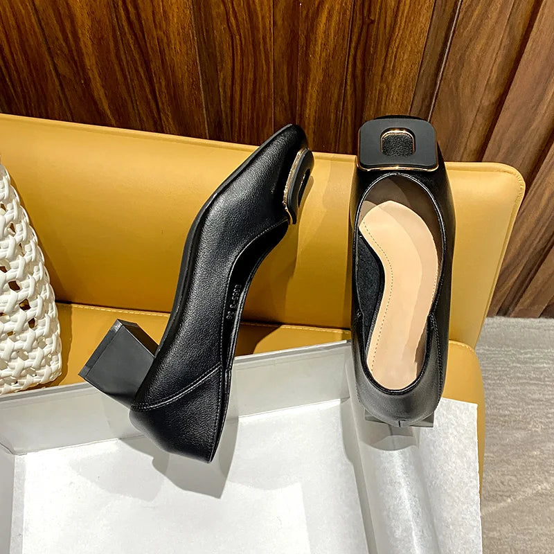 KIMLUD, FamtiYaa 2021 New Shoes Women Pumps Medium High Heels Square Toes Genuine Leather Round Toe Ladies Footwear Zapatilla Mujer, KIMLUD Women's Clothes