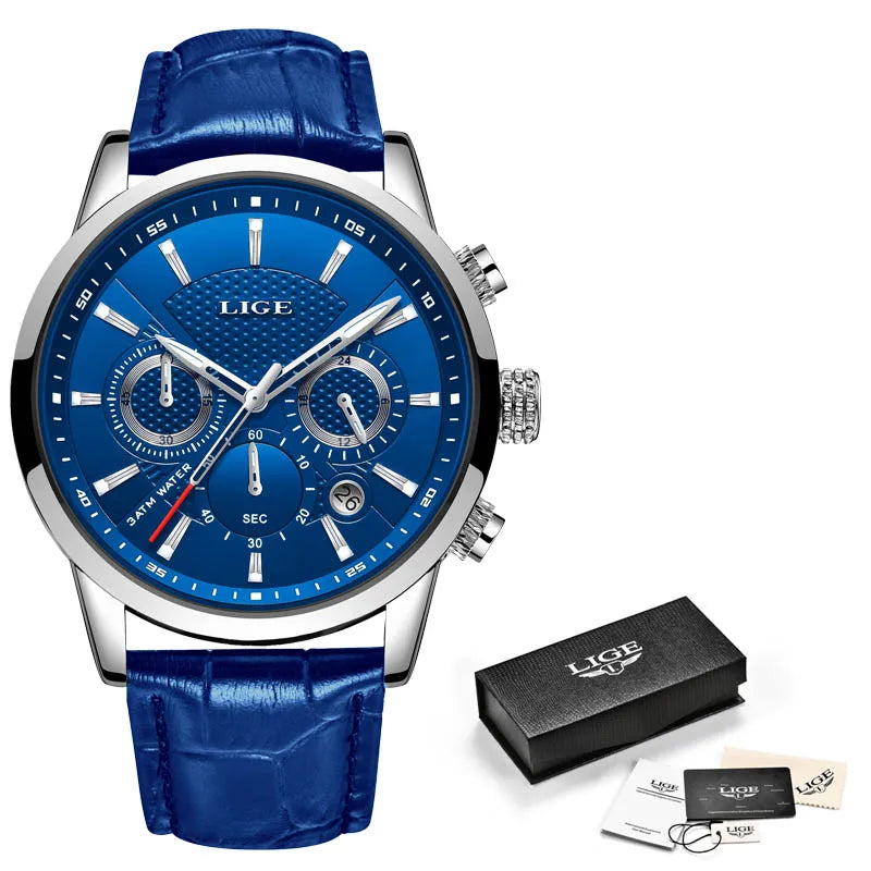 2025 New Mens Watches LIGE Top Brand Leather Chronograph Waterproof Sport Automatic Date Quartz Watch For Men Relogio Masculino