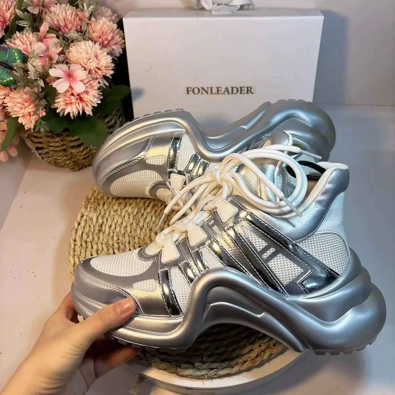 Metallic Sneakers With Thick Lace — Silver | KIMLUD