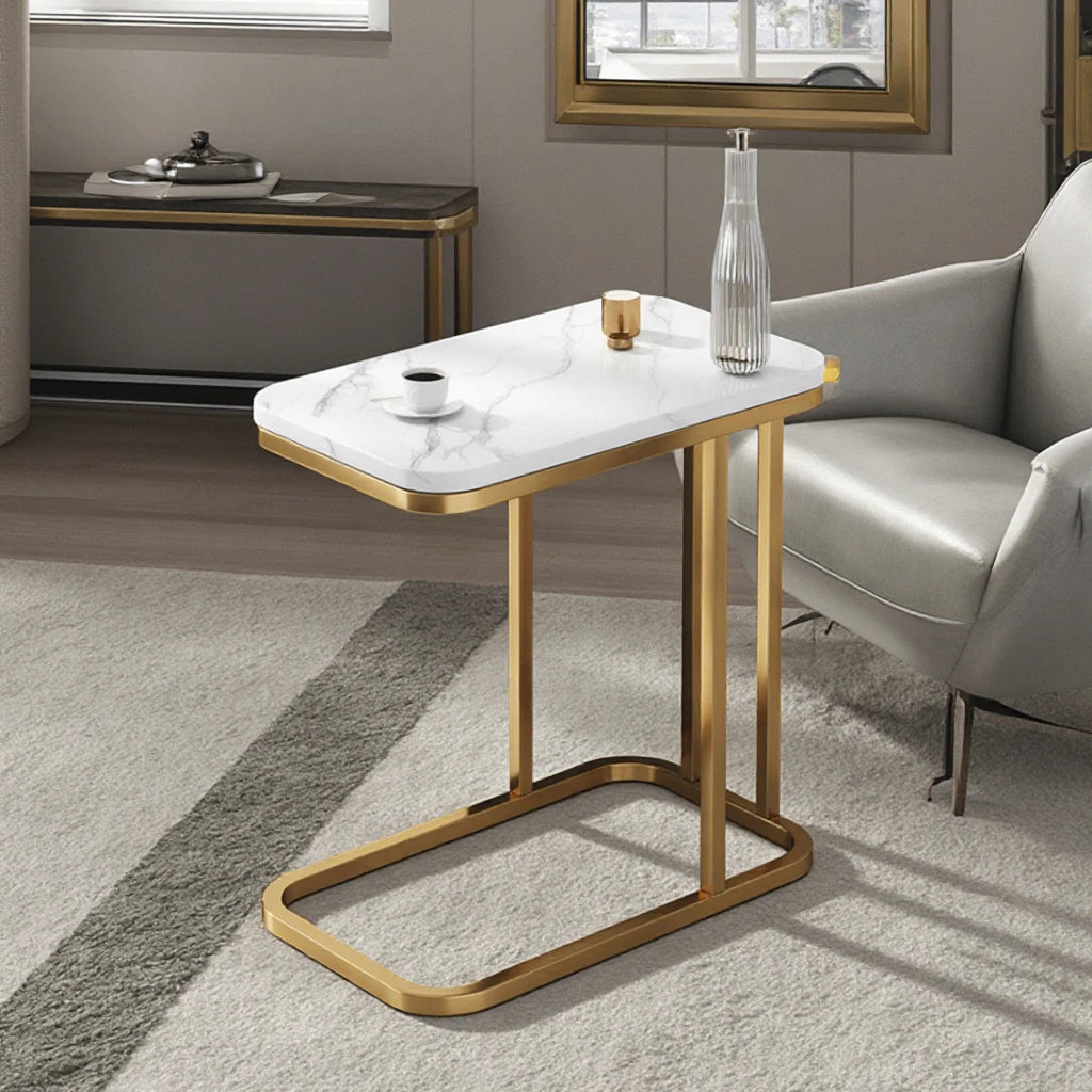 Marble-Inspired Side Table Gold Framework — White | KIMLUD