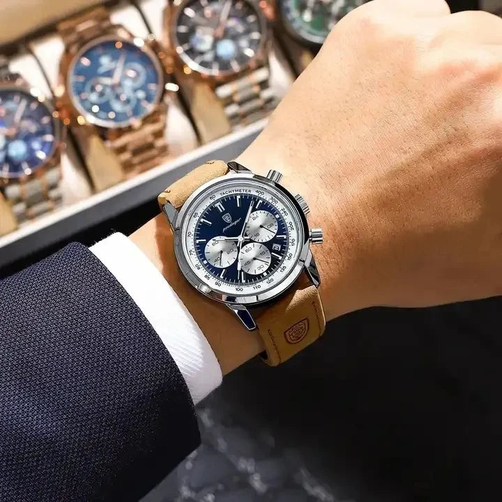 POEDAGAR Men's Watch High Quality Waterproof Chronograph Luminous Men's Wristwatch Leather Quartz Watches Casual Clock 921