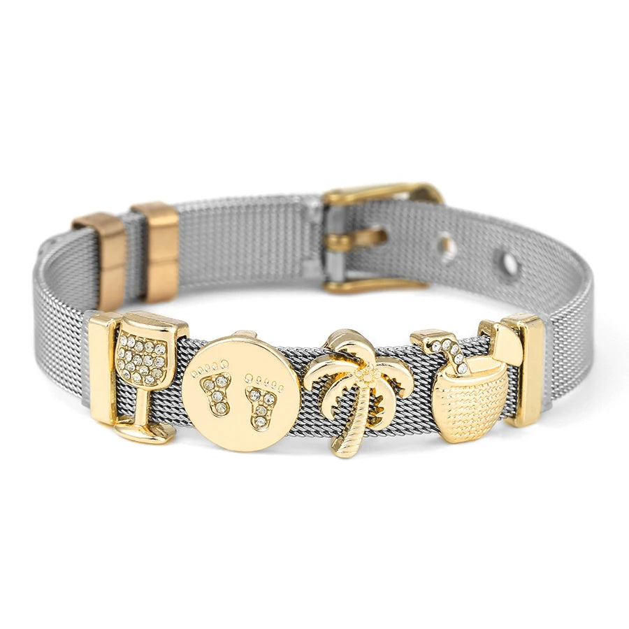 DINGLLY Two-tone Stainless Steel Mesh Bracelets For Women Men Love Heart Beaded 10mm Ribbon Mesh Bracelet & Bangle Gifts