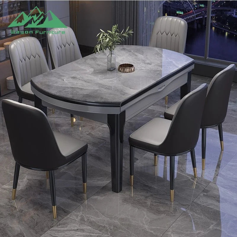 Solid Wood Dining Table Set Marble Top — Gray | KIMLUD