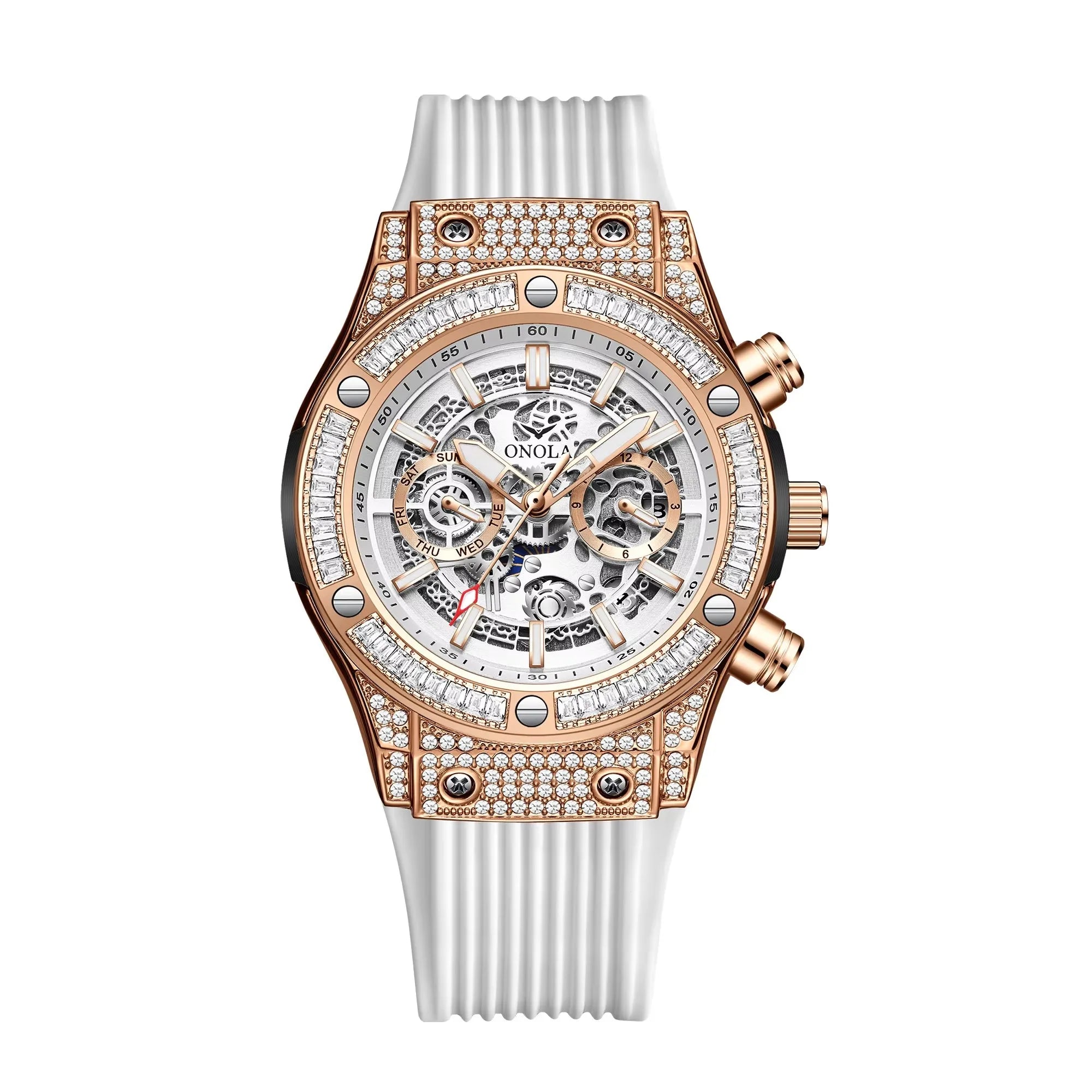 Diamond Dial Silicone Strap Automatic Watch — Black | KIMLUD