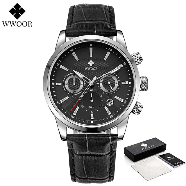 2024 New WWOOR Design Men Watches Top Brand Luxury Waterproof Leather Quartz Wristwatch Sports Chronograph Relogio Masculino+Box