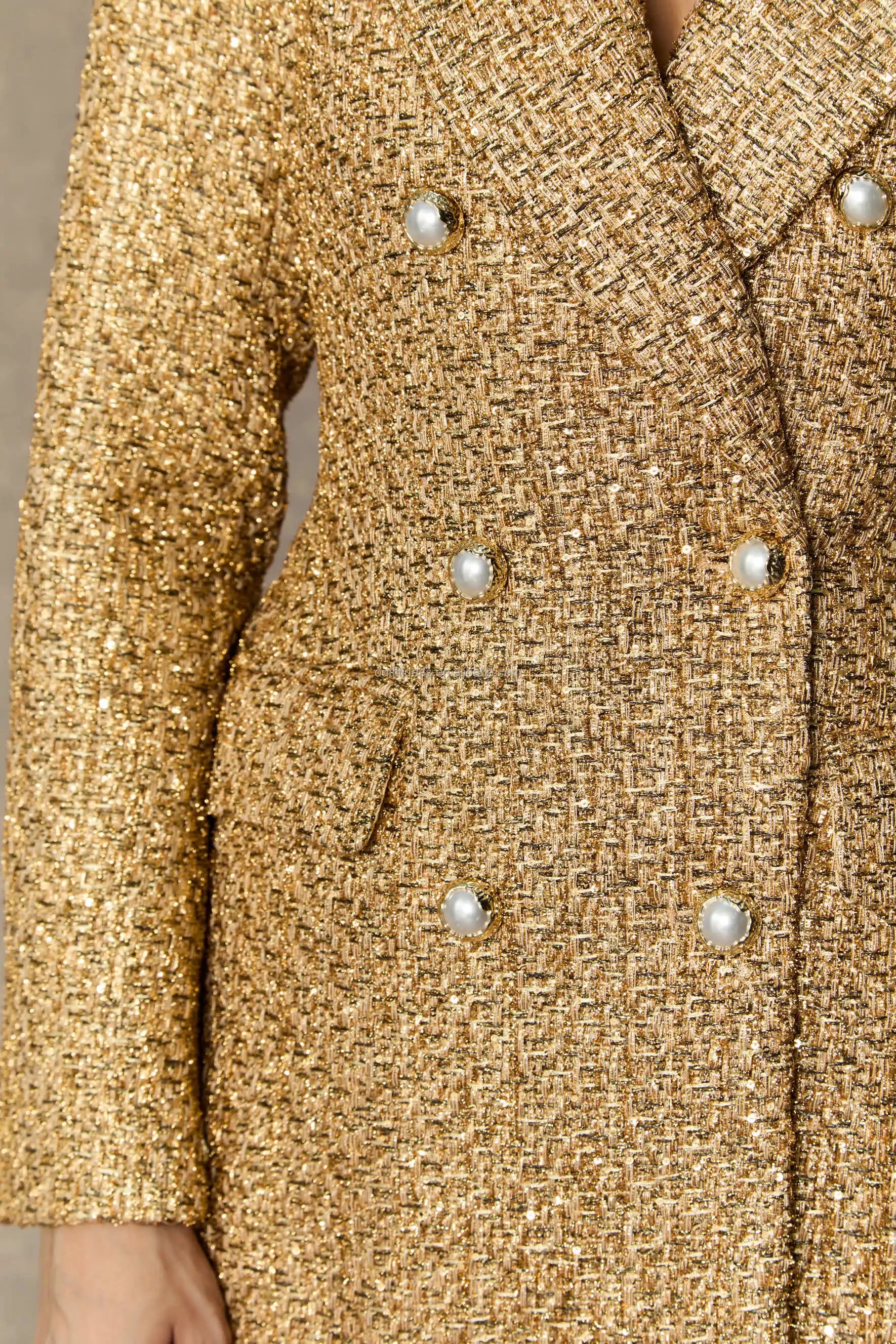 Luxury Elegant Pearl Buttons Double-breasted Hand Wash Women Mini Dress Tweed Jacket Sparkling Gold Boucle Tweed Jacket in Gold