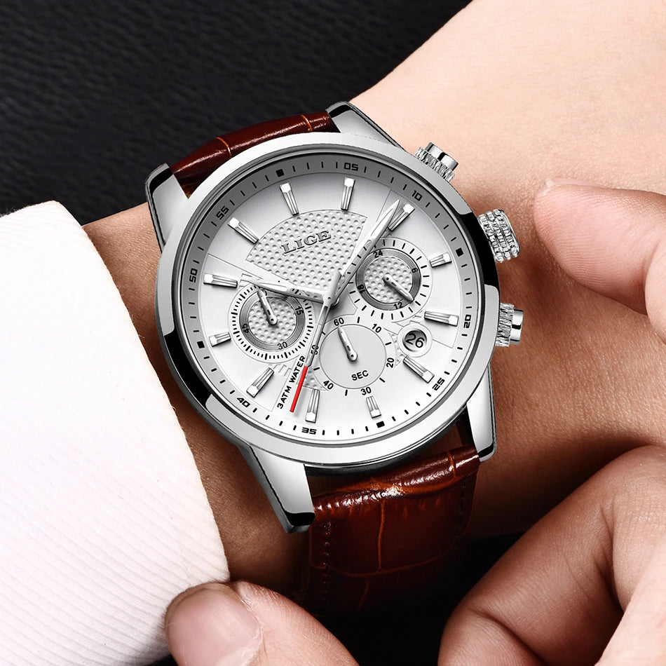 2025 New Mens Watches LIGE Top Brand Leather Chronograph Waterproof Sport Automatic Date Quartz Watch For Men Relogio Masculino