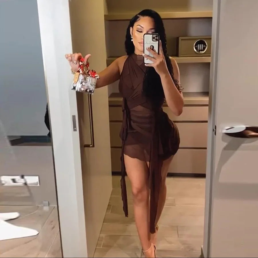 Ribbon-Wrapped Dress Draped See-Through Mesh Bandage Short High-Waist — Brown | KIMLUD