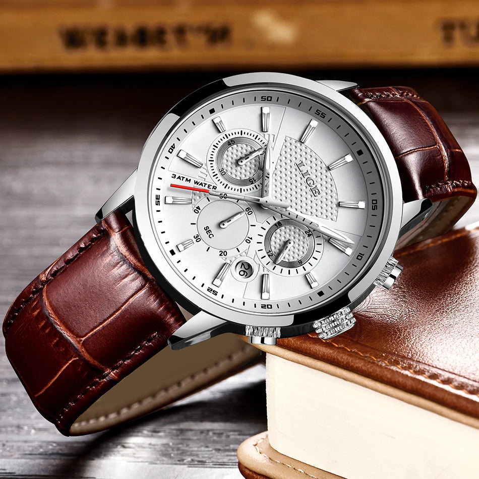 2025 New Mens Watches LIGE Top Brand Leather Chronograph Waterproof Sport Automatic Date Quartz Watch For Men Relogio Masculino