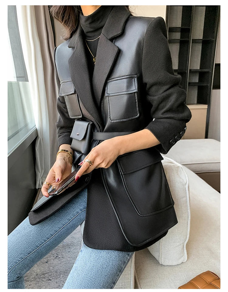 Patchwork Leather Jacket – Pockets – Faux Leather PU – Black | KIMLUD