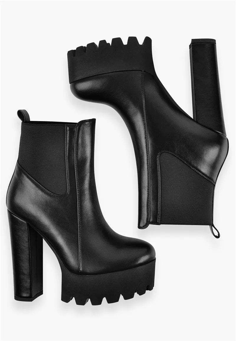 Onlymaker Women Platform Round Toe Black Matten Ankle Booties Thick High Heel Plus Size Handmade Winter Boots