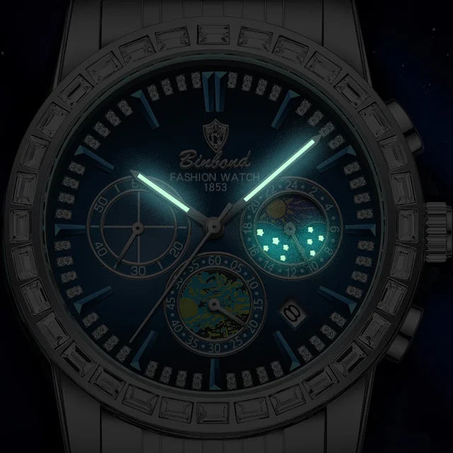 Stainless Steel Moon Phase Dial Watch — Silver | KIMLUD
