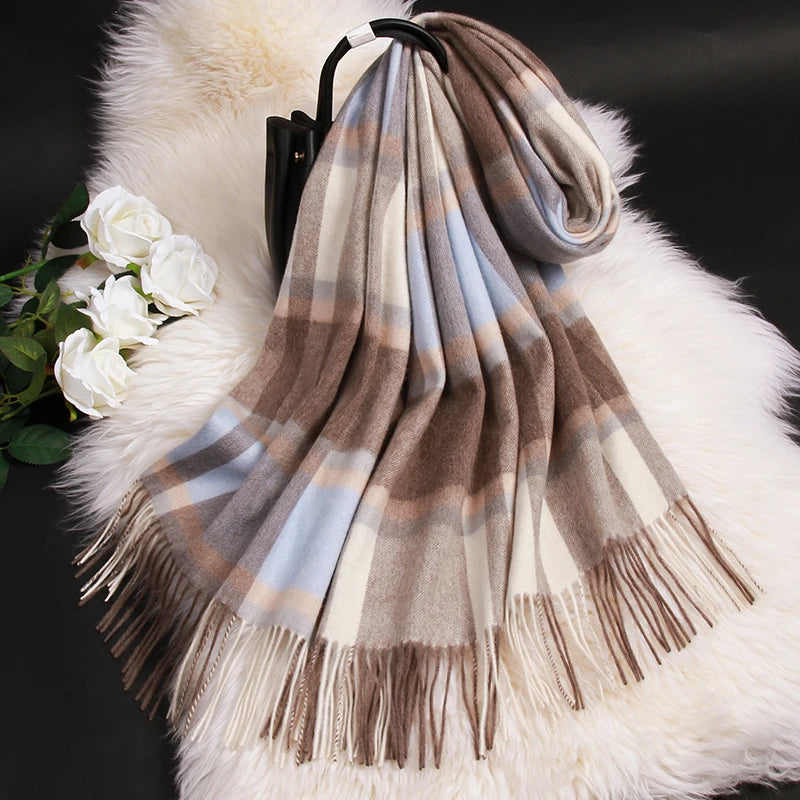 Lambswool Scarf Checkered Camel Plaid — Camel | KIMLUD