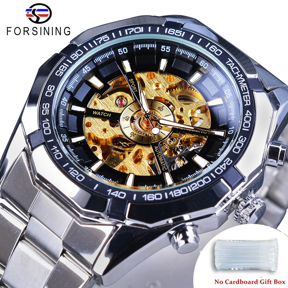 Forsining 2025 Stainless Steel Waterproof Mens Skeleton Watches Top Brand Luxury Transparent Mechanical Sport Male Wrist Watches