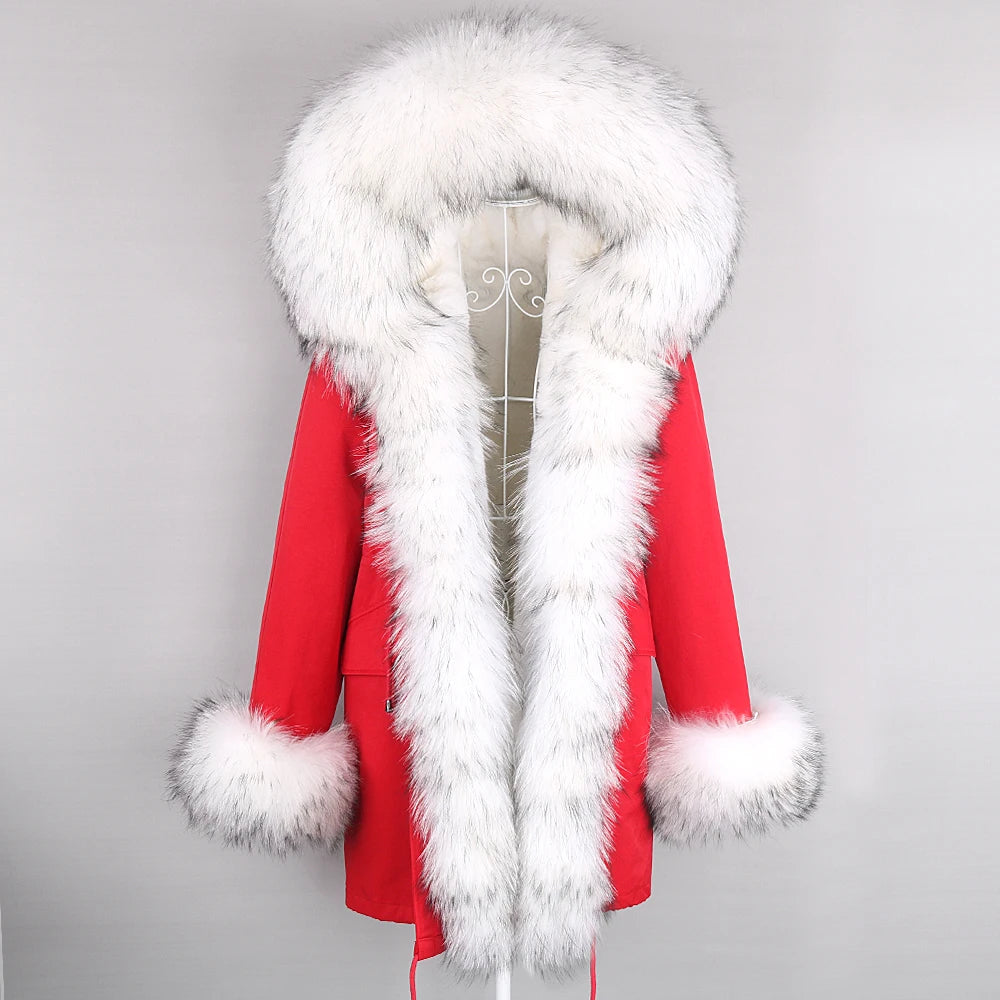 2024 Winter Jacket Women Natural Raccoon Fur Collar  Real Fur Coat Color matching Hood Cuffs Thick Warm Outerwear New Long Parka