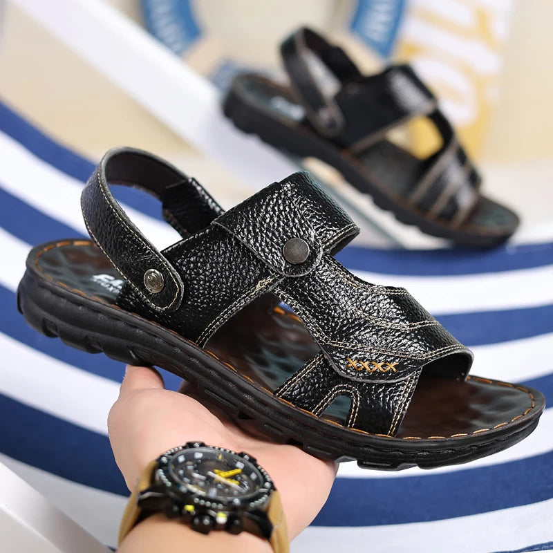 Split Leather Slide Sandals Open-Toe Slip-On Outdoor Summer Essential — Black | KIMLUD