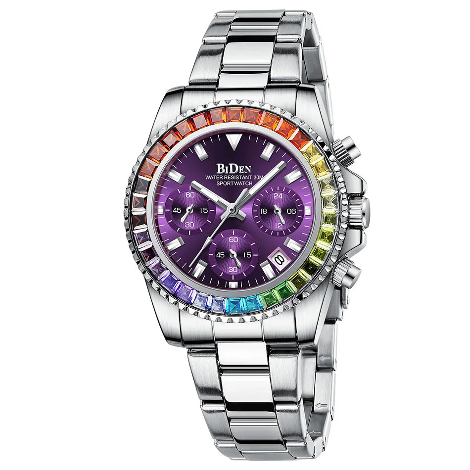 Fashion BIDEN Brand Lady Dress Watch Calendar Colorful Rhinestone Dial Casual Business Women Wristwatch Silver Stainless Steel