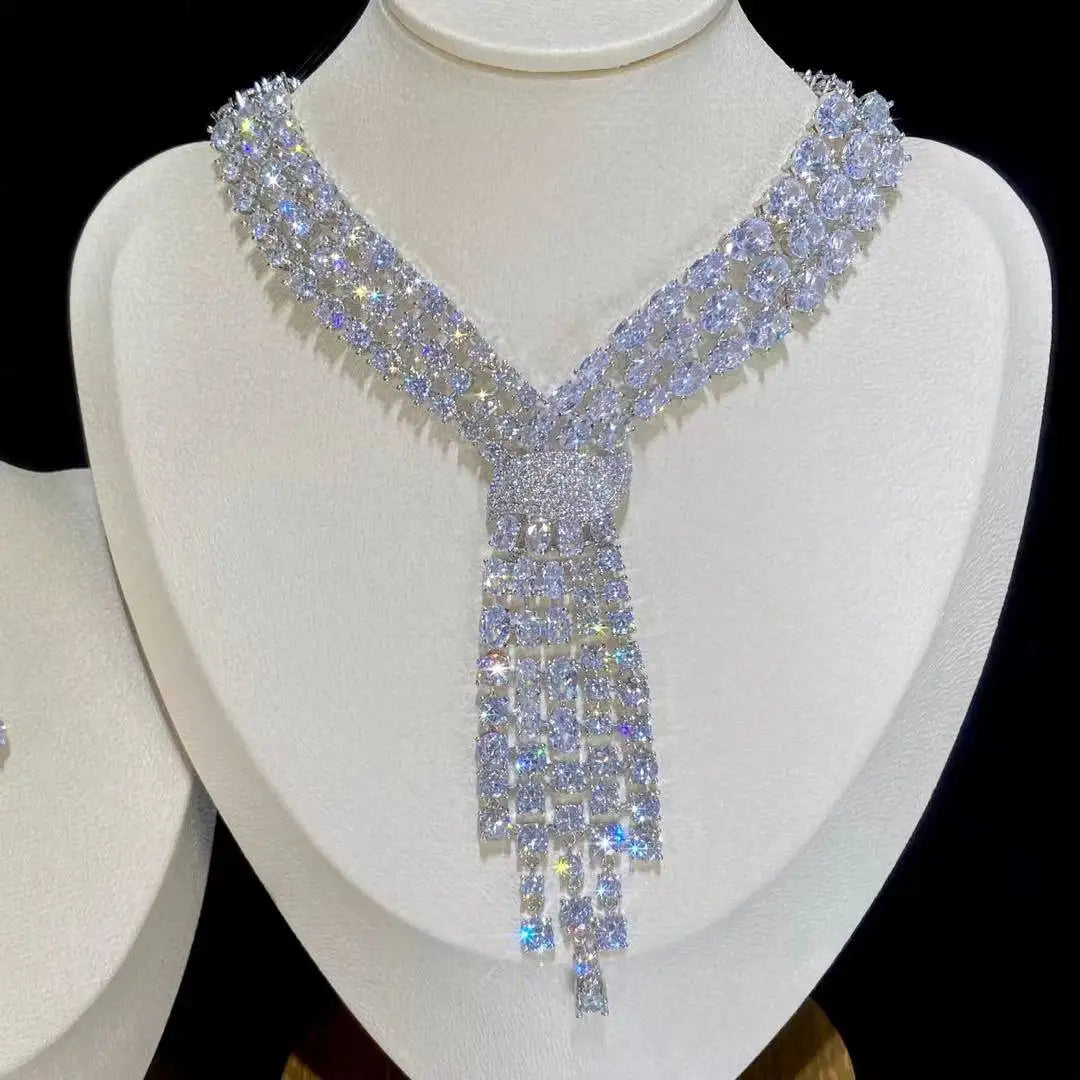 ASNORA - Luxury Blue 2 Piece Tassel Necklace Cubic Zircon Jewelry Set Women Wedding European Party Jewelry Set X0140