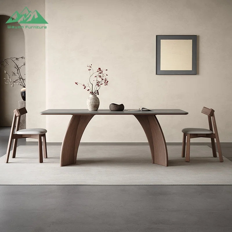 Solid Wood Dining Table Rectangular Form With Sculptural Curved Legs For Modern Homes — Natural Wood | KIMLUD