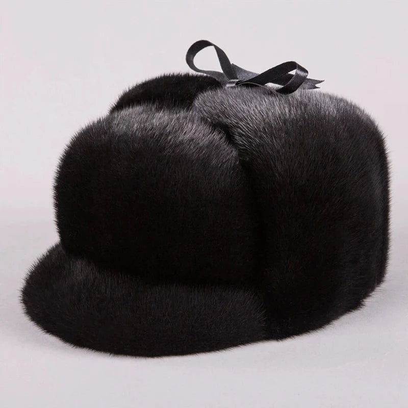 Genuine Leather Aviator Hat With Full Mink Fur — Black | KIMLUD
