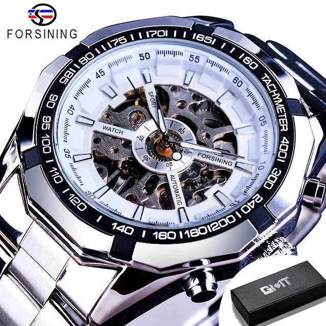 Forsining 2025 Stainless Steel Waterproof Mens Skeleton Watches Top Brand Luxury Transparent Mechanical Sport Male Wrist Watches
