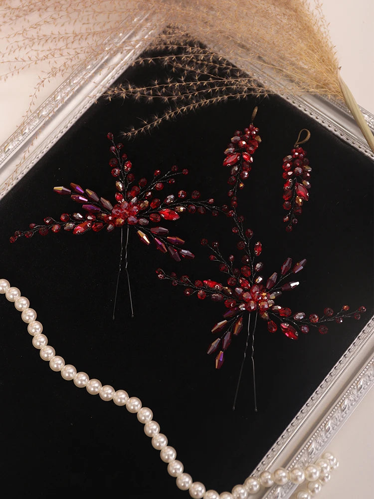 KIMLUD, Bohe Red Black Bridal Headwear Crystal Hair pin and Earrings set Bride hair jewelry hat female wedding hair accessories, KIMLUD Womens Clothes