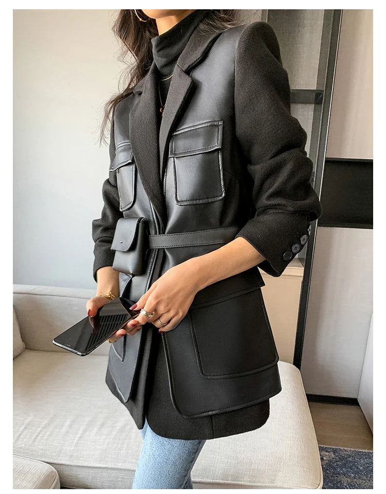Patchwork Leather Jacket – Pockets – Faux Leather PU – Black | KIMLUD