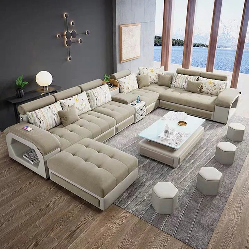 Microfiber Sofa With Integrated Bluetooth Speakers And USB Charger — Taupe | KIMLUD