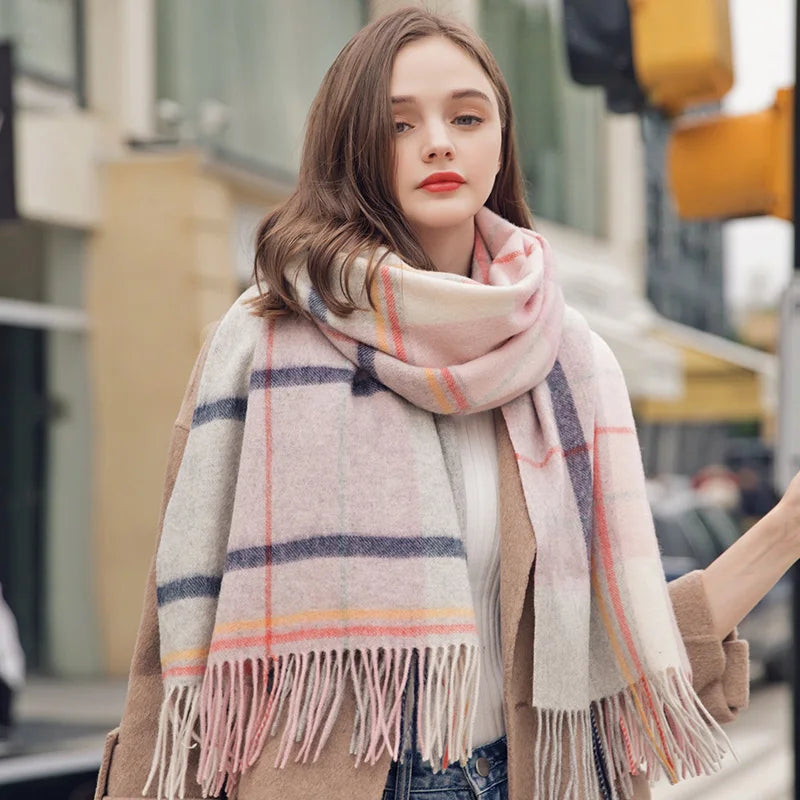 Lambswool Scarf Checkered Camel Plaid — Camel | KIMLUD