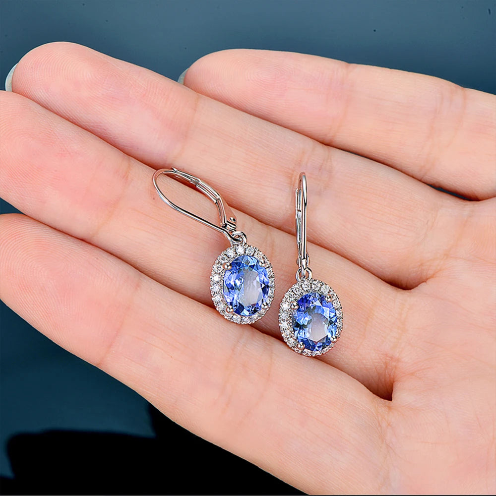 Cubic Zirconia Drop Earrings Oval Halo — Blue | KIMLUD