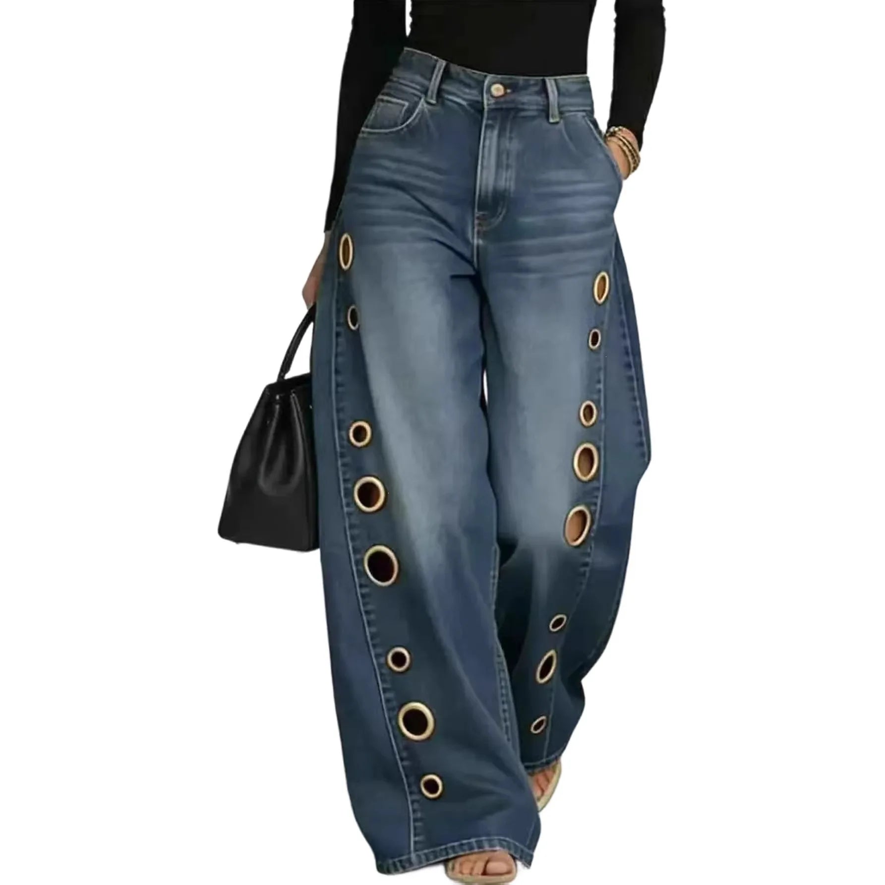 Denim Jeans Baggy Straight High Waist With Gold Eyelet Detailing And Subtle Draping — Blue | KIMLUD