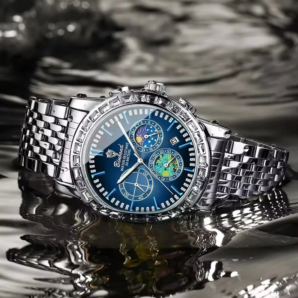 Stainless Steel Moon Phase Dial Watch — Silver | KIMLUD