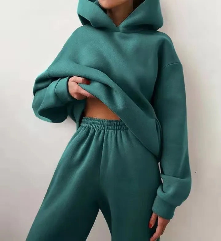 Fleece Hooded Tracksuit Two-Piece Set — Teal | KIMLUD