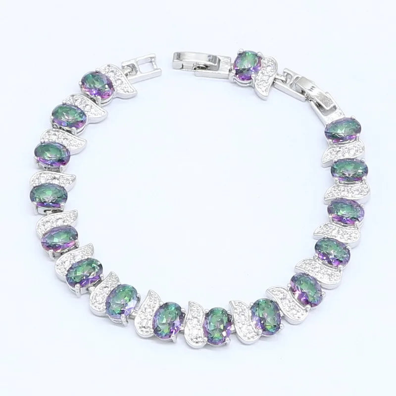 925 Stamp Jewelry Sets For Women Multi Color Rainbow Zircon Bracelet Hoop Earrings Rings Necklace Pendant Wedding Gift Box