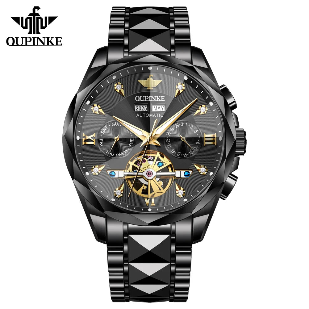 Oupinke 3316 Oem logo Hollow Design Business Tourbillon Waterproof Stainless Steel Luminous  Automatic Mechanical Watch for Man