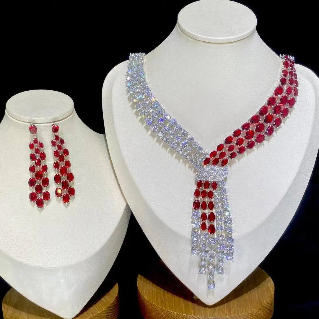 ASNORA - Luxury Blue 2 Piece Tassel Necklace Cubic Zircon Jewelry Set Women Wedding European Party Jewelry Set X0140