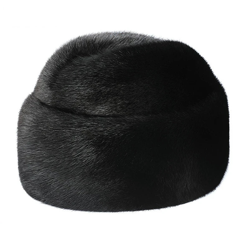 Genuine Leather Aviator Hat With Full Mink Fur — Black | KIMLUD