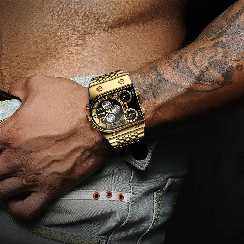 2024 New Oulm Quartz Watches Men Military Wristwatch Luxury Brand Golden Stainless Steel Male Watch Big Relogio Masculino